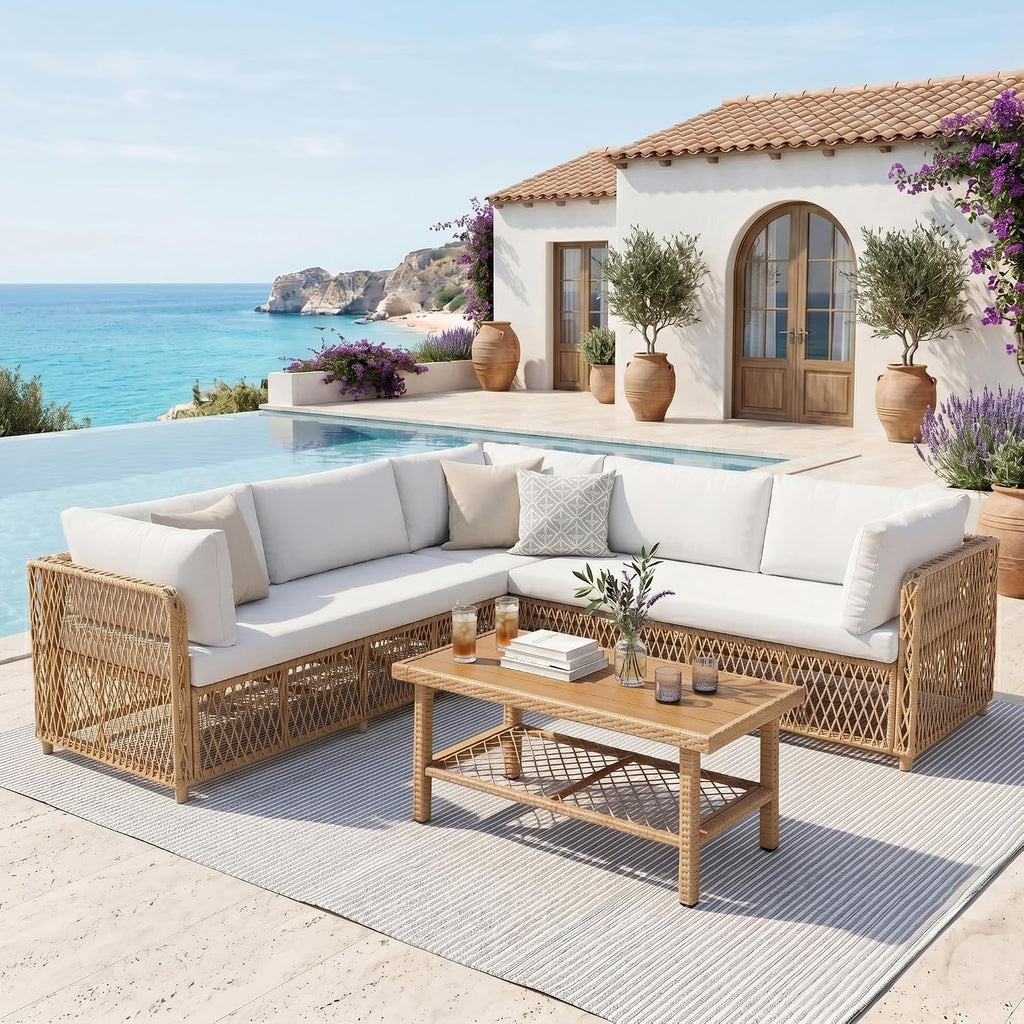 Outdoor Sectional 6-Seater Large Luxury Patio Furniture Set Modular L-Shaped Outdoor Furniture with Thick Cushion All