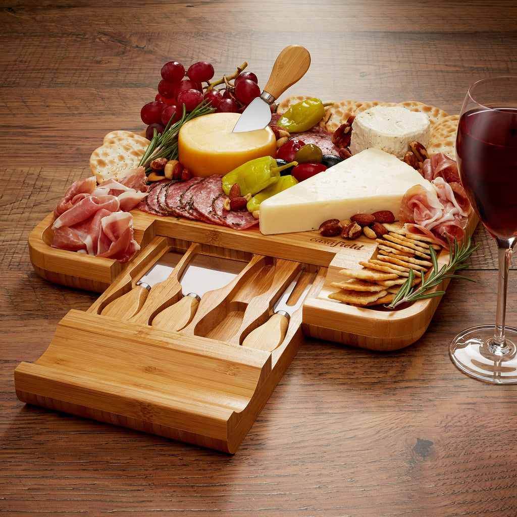 Bamboo Cheese Board and Knife Gift Set, Wooden Charcuterie Board Meat and Cheese Platter for Entertaining