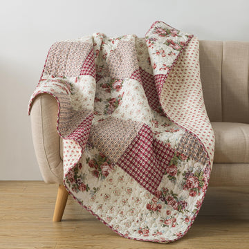 Cotton Quilted Throw Blanket, 50" x 60" Patchwork, Country Roses