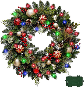 Lighted Christmas Wreath 28'' Artificial with 30 LED Multi-Color