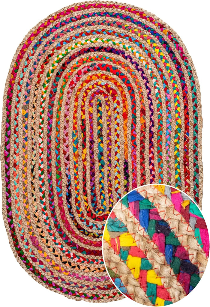 Farmhouse Jute Cotton Chindi Rug 4x6 Oval Multicolor, Handwoven Braided Area Rug