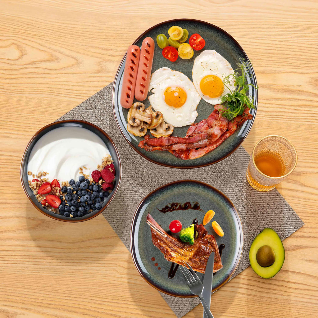 18PCS Dinnerware Sets for 6, Stoneware Plates and Bowls Dish Set, Irregular Handmade Dinner Ware Dishware Dinning