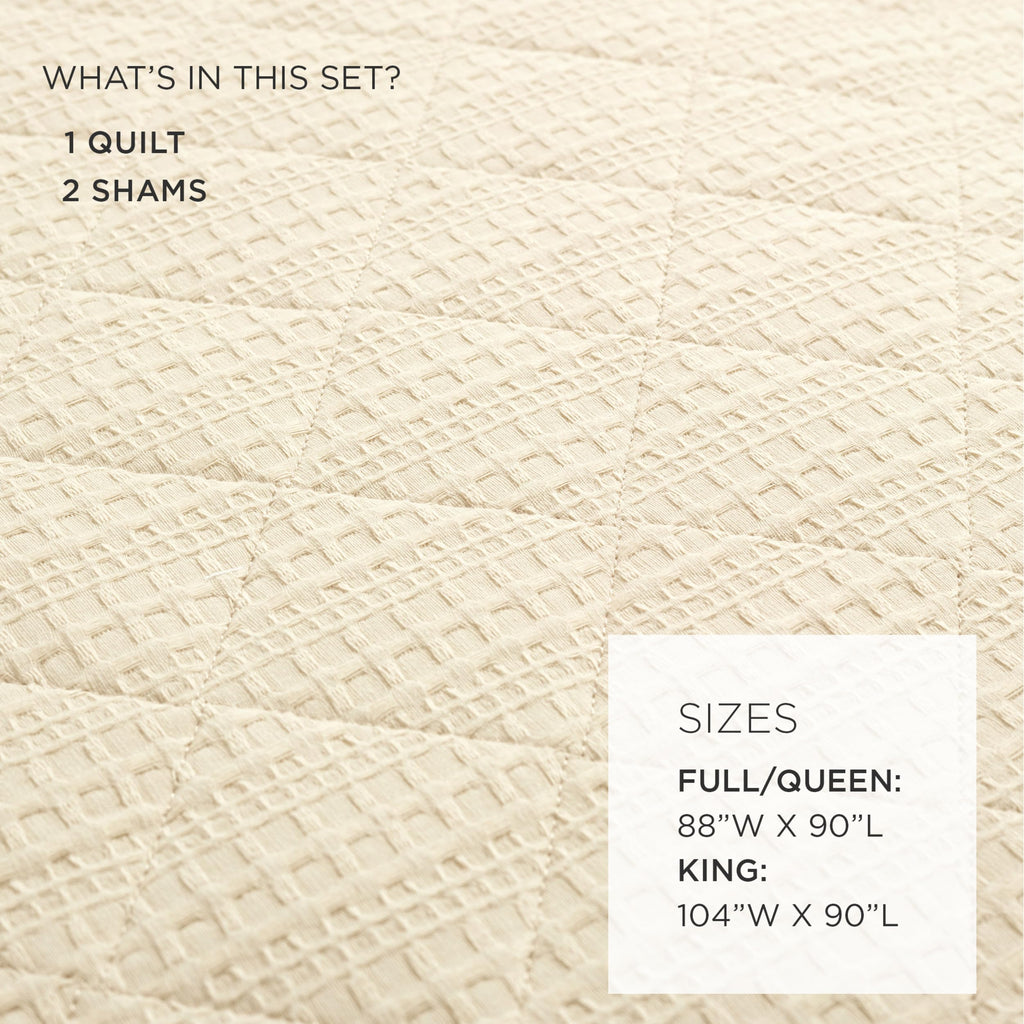 Haniya Solid Waffle Woven Textured Cotton Quilt Set, 3 Piece Set, Neutral - Soft Waffle Quilt - Neutral