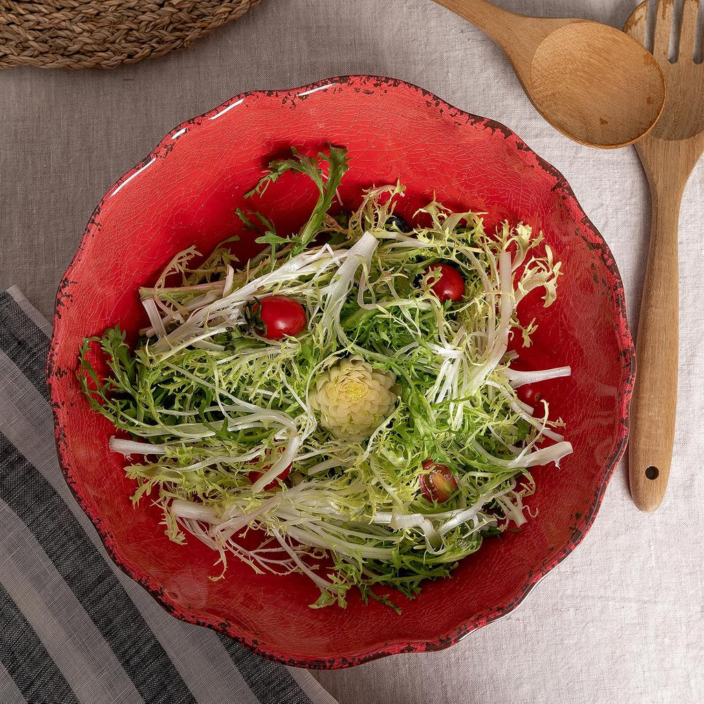 Rustic Crackle Melamine Serving Bowls, 130 OZ and 12 inches Waved Rim Salad Bowl,Unbreakable Pasta Bowls and Mixing