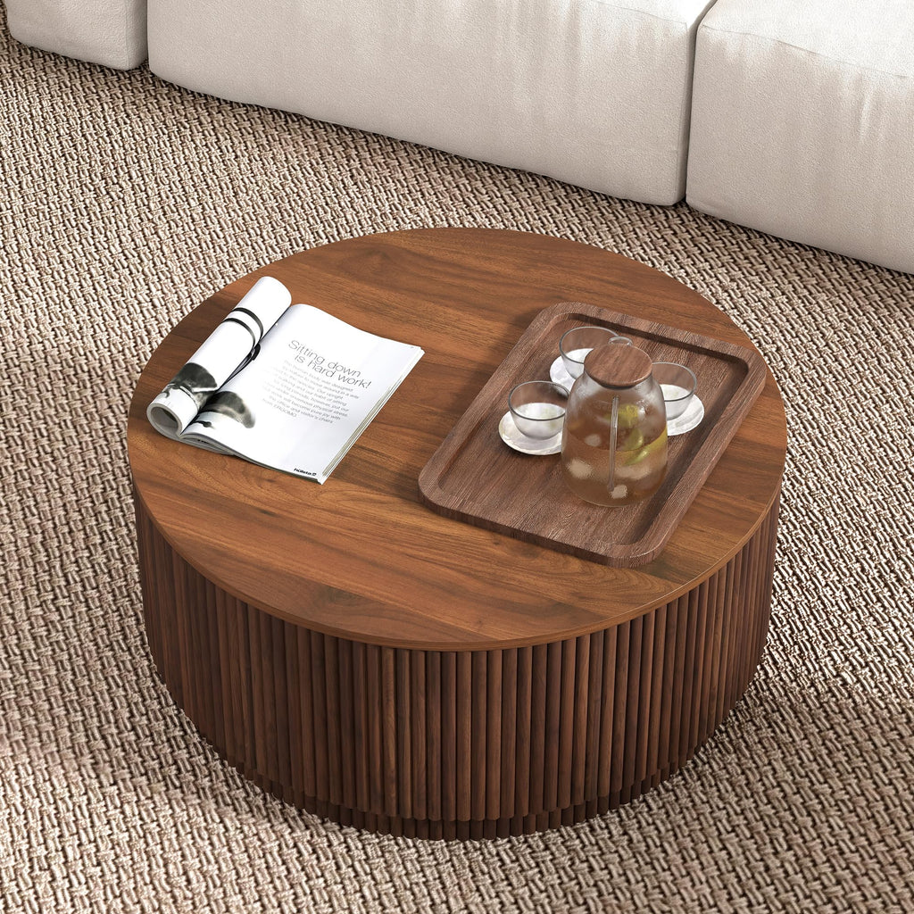31.5" Round with Storage, Mid Century Modern Coffee Tables with Fluted Base, Wooden Circle Accent Center Table Small