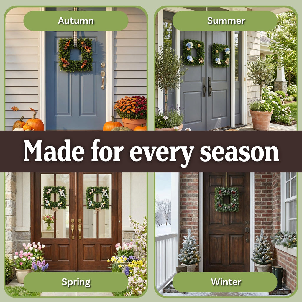 Square Boxwood Wreath for Front Door, Green, 16.5"