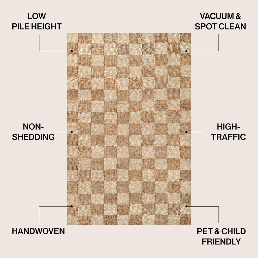 Theo Woven Jute Checkerboard Natural/Bleach Indoor Area Rug, Modern, Farmhouse, Rustic, Lodge, Easy-Cleaning