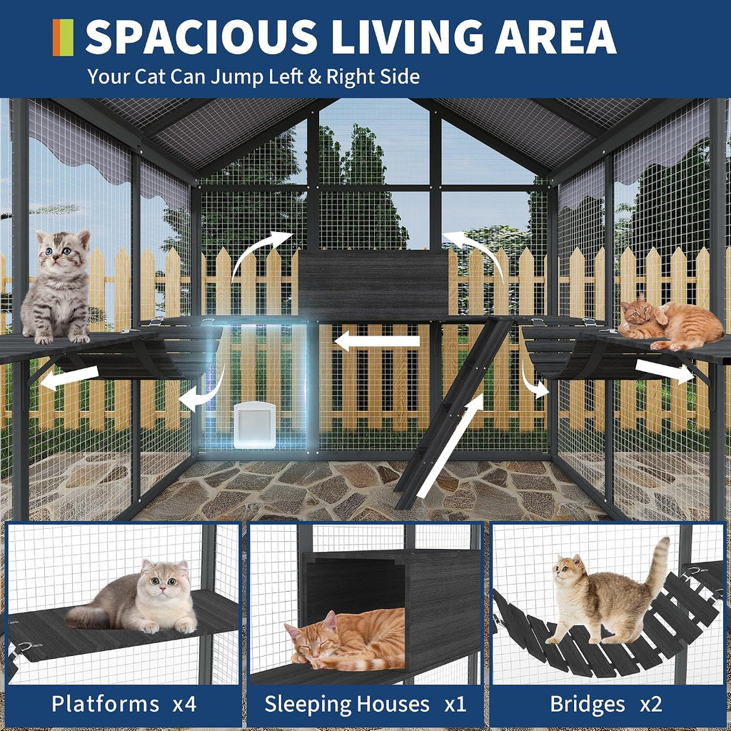 Extra Large Outdoor Catio Enclosure with UV-Proof Cover for Multiple Cats
