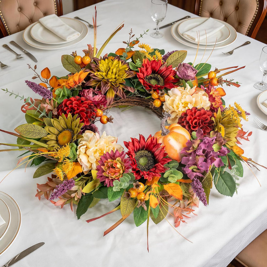 24 Inch Fall Wreaths for Front Door, Autumn Farmhouse Harvest Wreath
