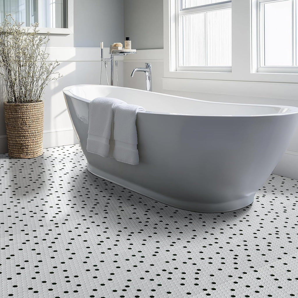 Black White Hexagon 10x12in Matte Porcelain Mosaic Tile Flooring