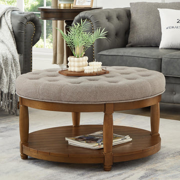 Large Round Upholstered Tufted Linen Ottoman Coffee Table with Solid Wood Frame and Open Storage Shelf, Upholstered