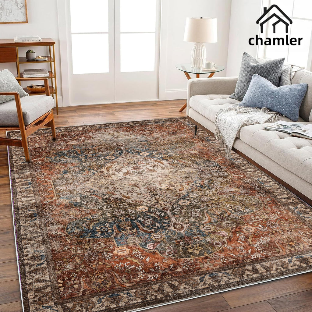 Washable Area Rug Boho Chic Medallion Distressed Design Non-Shedding Easy Care Ideal for High Traffic Areas in