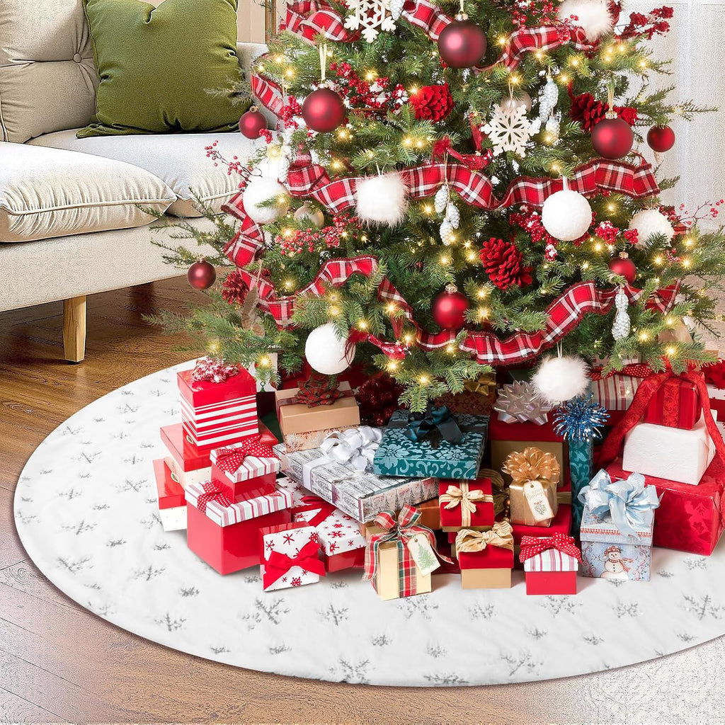 72 Inches Christmas Tree Skirt Holiday Party Decorations White Plush Silver Sequin Snowflake