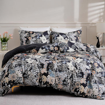 Queen Flower 3 Pcs Duvet Cover Set, Breathable Soft Microfiber Black Lining Comforter Cover with Zipper Closure, and