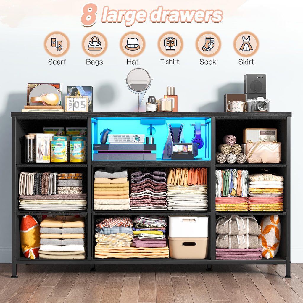 Dresser with LED & Charging Station, 8 Drawers Black