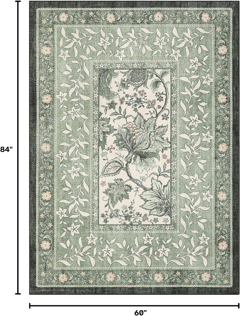 Provence 5x7 Area Rugs, Botanical Grove Sage Green Vintage Cottagecore Non-Slip Washable Rug Bedroom Nursery Kitchen