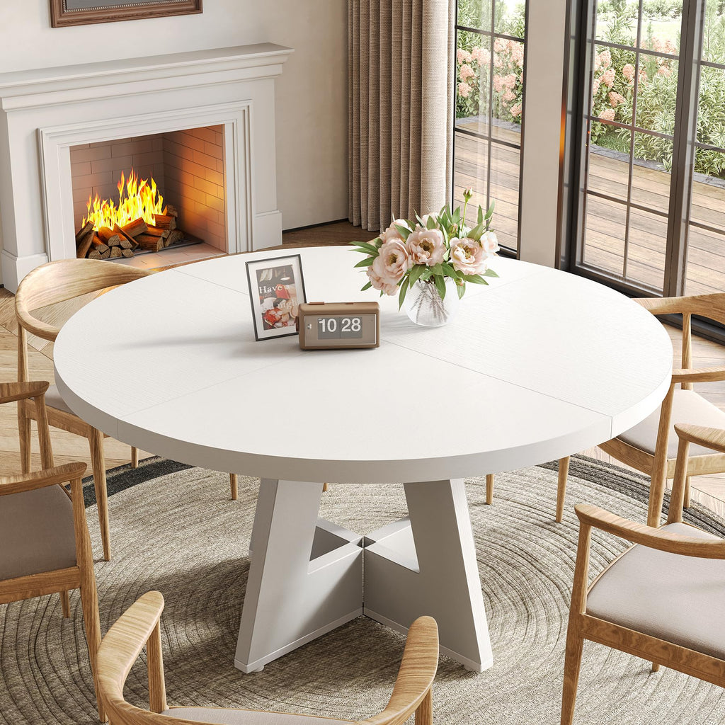 Round Dining Table for 4-6 People, 47 Inches White Circle Dinner Kitchen Dining Room Table with Wooden Pedestal Base