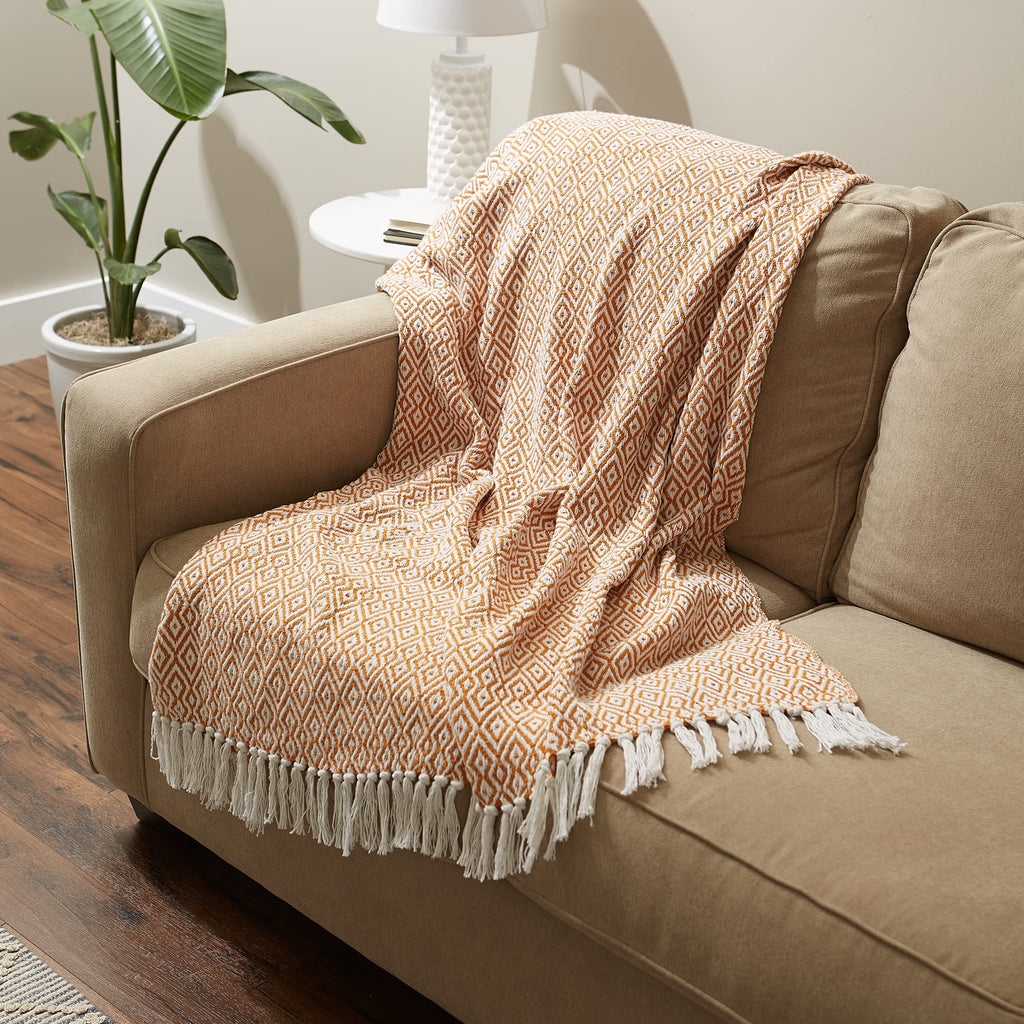 Rustic Farmhouse Double Diamond Woven Throw, 50x60, Pumpkin Spice
