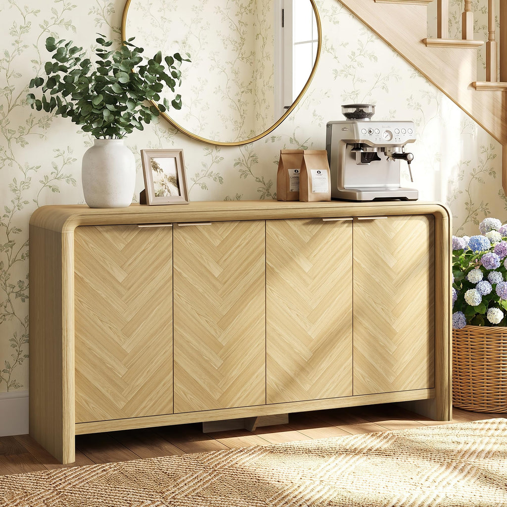 55" Buffet Cabinet with Storage, Herringbone Sideboard Cabinet, Oak