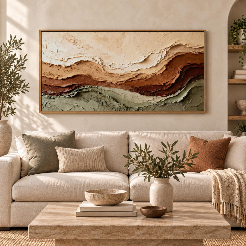 Earth Tone Layered Abstract Wall Art, Framed Canvas, 20x40 Inch