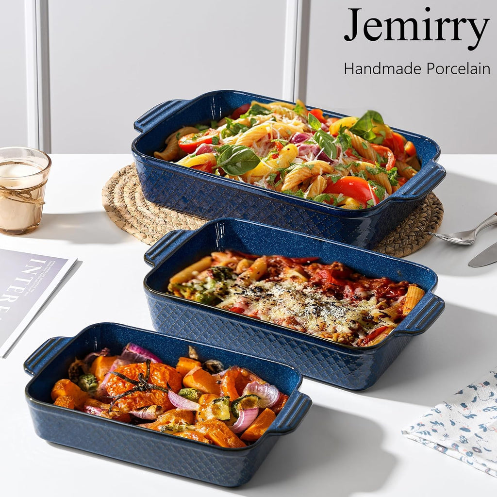 Ceramic Dish Set of 3, Casserole Dishes for Oven, Square Porcelain Bakeware Set with Handles, Lasagna Pan for