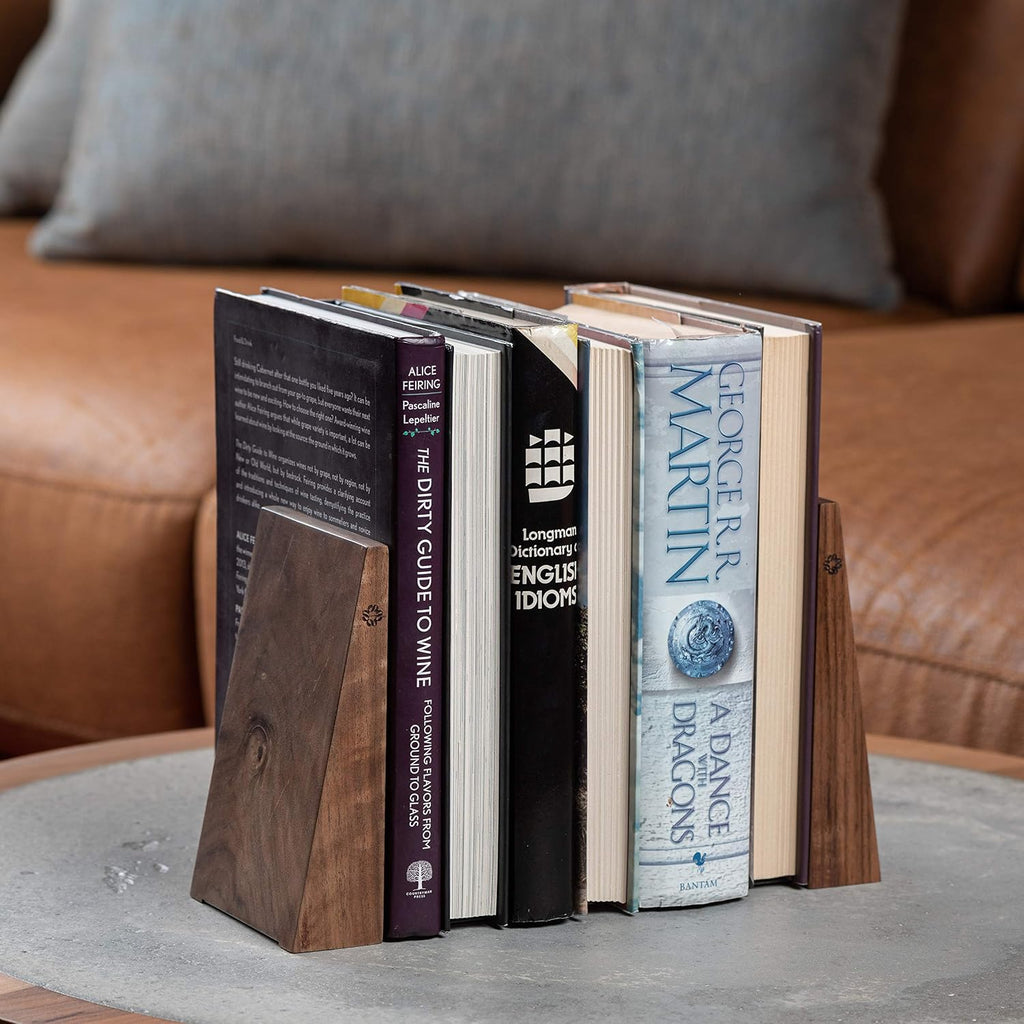 Book Ends for Shelves - Handmade Wooden Bookends with Metal Base, Walnut Tree - Sturdy Book Holders for Heavy Books