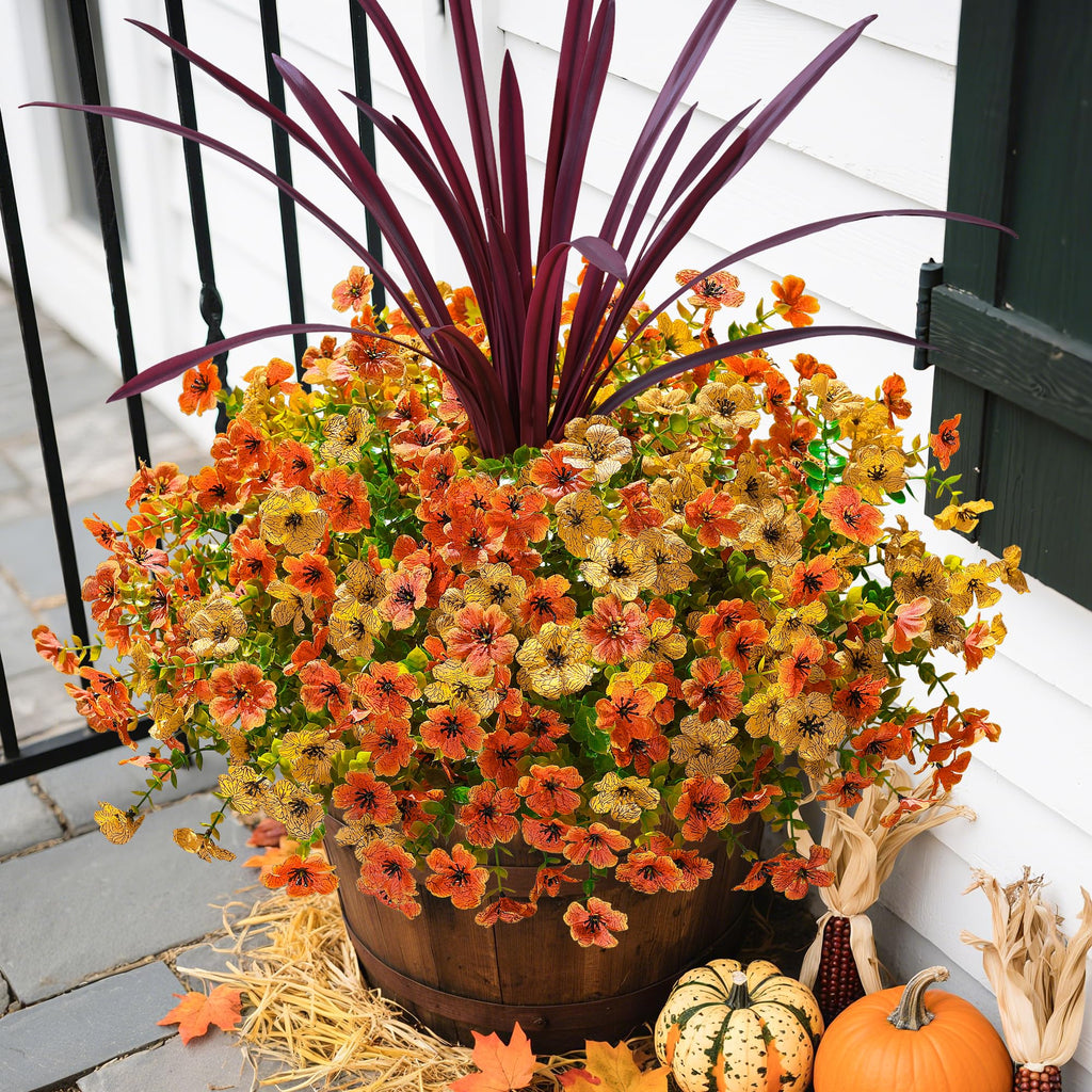 Fall Flowers Artificial Mums for Outdoors Autumn Decor, 12 Bundles Fake Fall Mums with 1 pcs Burgundy Orchid Leaf UV