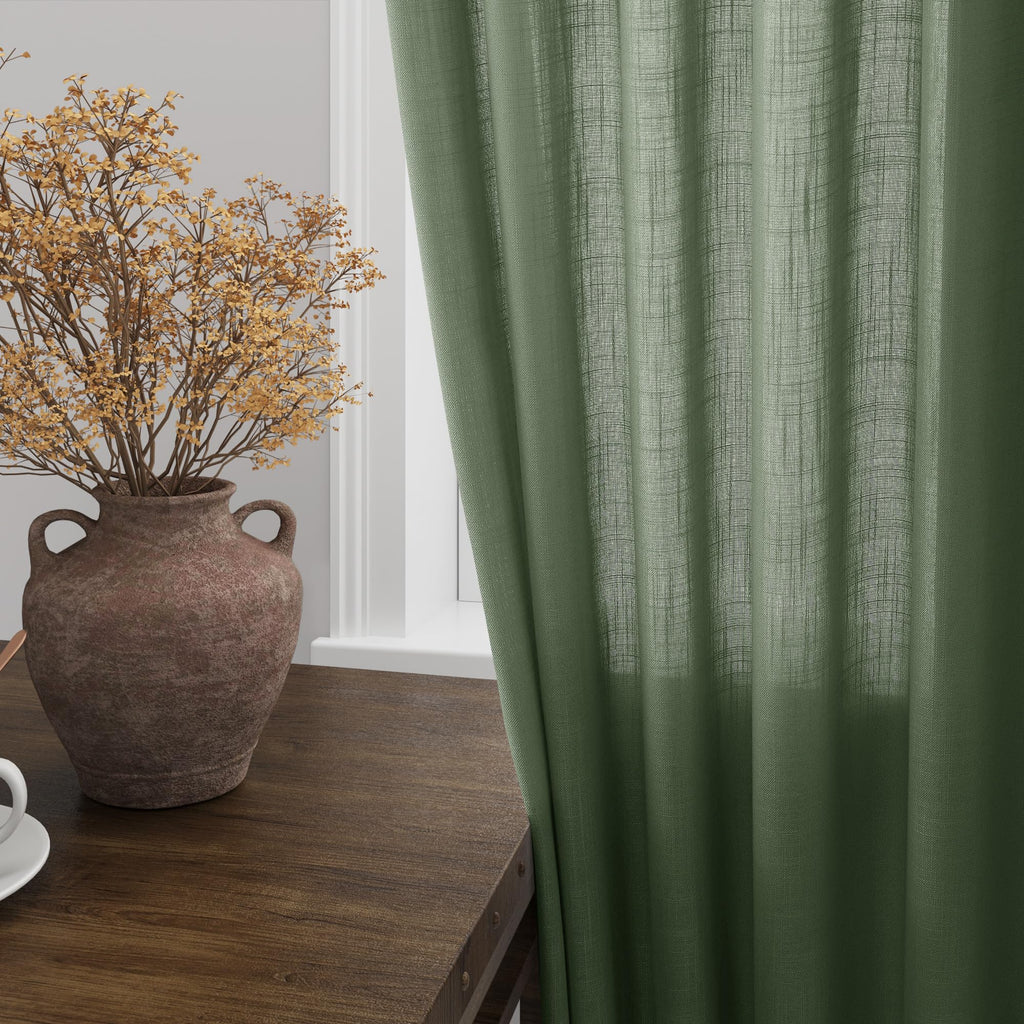 Olive Green Linen Curtains 84 Inches Long Back Tab Light Filtering Privacy Semi Sheer Curtains Modern Farmhouse Decor
