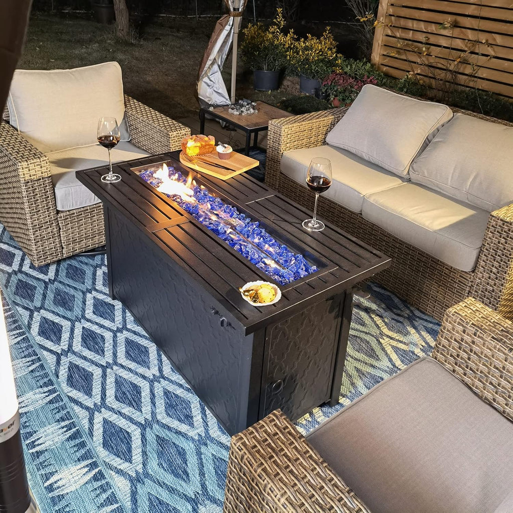 45 Inches Outdoor Rectangular Propane Fire Pit Table,Black | 50000 BTU Gas Iron Plate Embossing Fire Table with Lid