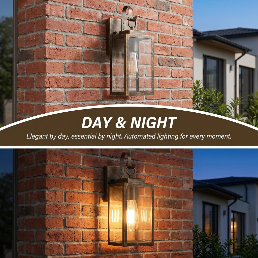 Black Brush Gold Porch Light, Dusk to Dawn Wall Mount Outdoor Light