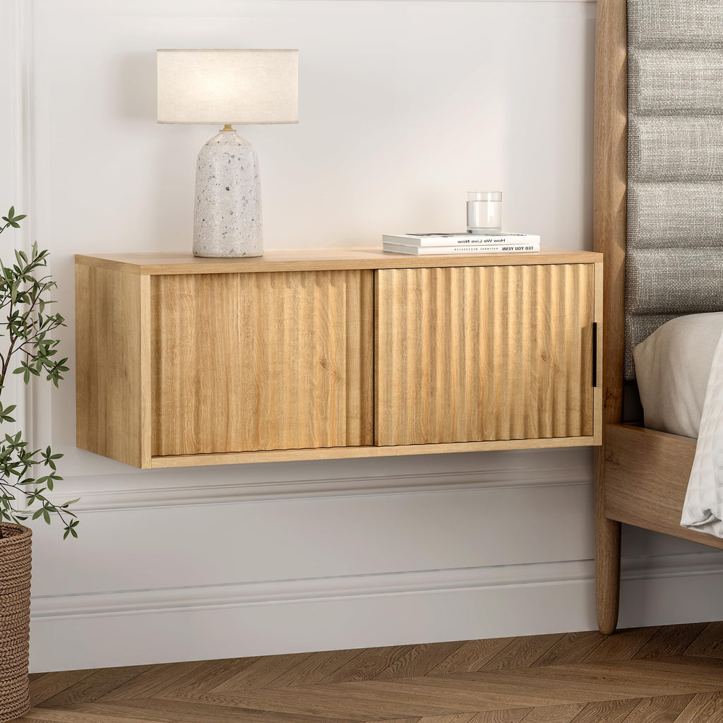 Fluted Floating TV Stand, 30" Multi-Purpose Modern TV Display Shelf Console Entertainment Center Cabinet with Sliding