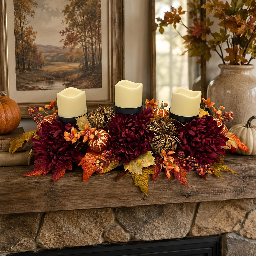 25" Fall Candle Holder Centerpiece with Pumpkins for Thanksgiving