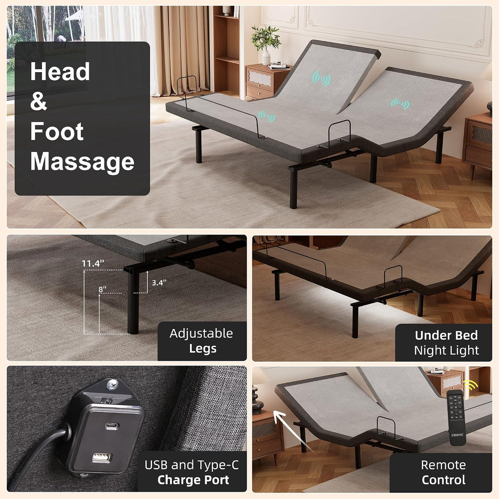 Split Top King Adjustable Bed Frame, Zero Gravity, Underbed Light - Set of 2