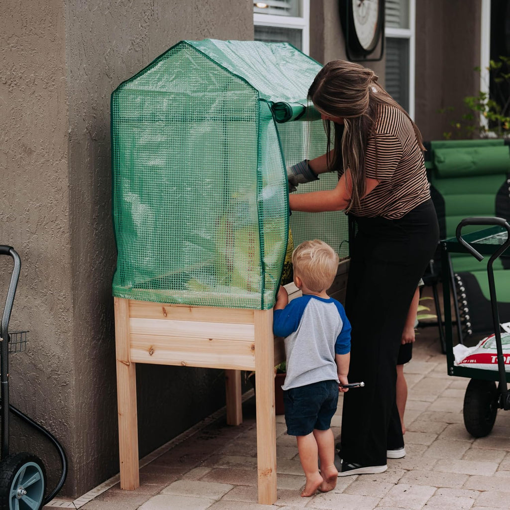 Expressions 36"x24" Elevated Garden Bed with Greenhouse Cover - Raised Wooden Planter Box with Legs, Mini Outdoor