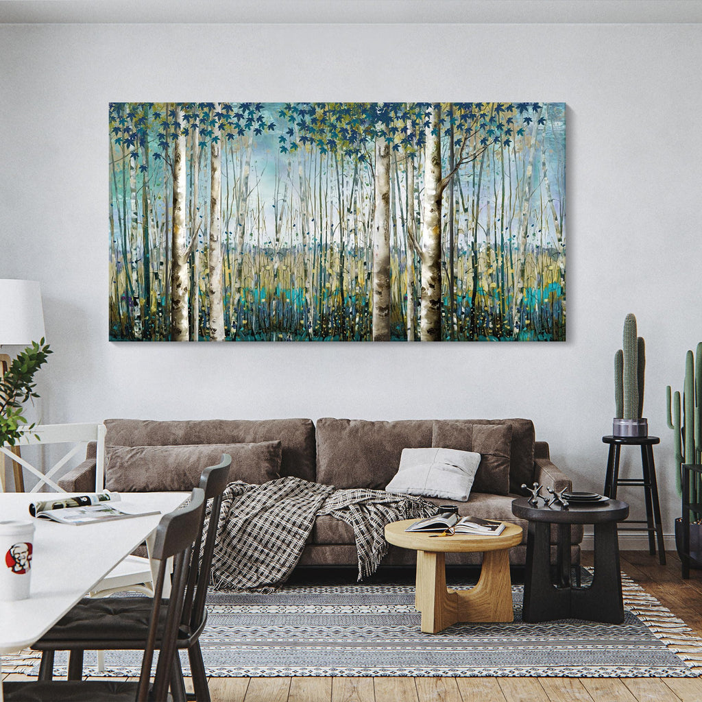 Large Framed Birch Tree Canvas Wall Art Nature Painting Decor | Teal Artwork, and Office Pictures 24×48IN
