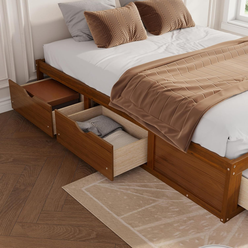 Japanese Queen Size Wooden Floor Bed Frame with 6 Storage Drawers
