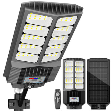 Solar Street Light with Pole Mount, Dusk-to-Dawn Outdoor LED, 300000 LM, 7000K IP67 Waterproof, Adjustable Modes, for