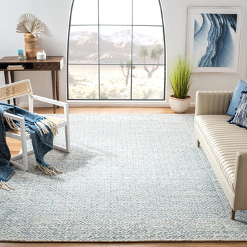 Abstract Area Rug - 9' x 12', Blue & Ivory, Handmade Wool