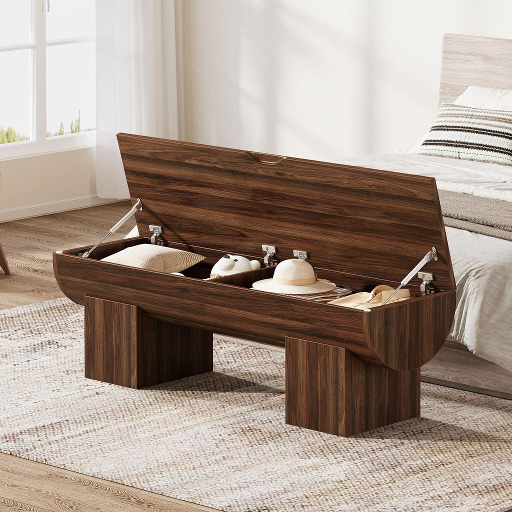 55" Storage Bench with 2 Safety Hinges, Farmhouse Shoe Bench with Flip-Top Storage, Supports 350 lb and Easy Assembly