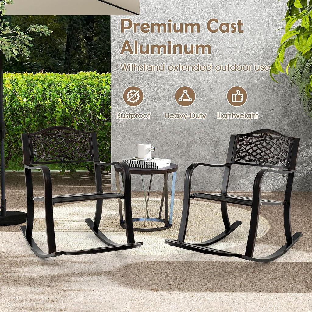Patio Rocking Chair, Outdoor Cast Aluminum Rocker w/Footrest, Backrest & Curved Armrests, Heavy-Duty Metal Classic