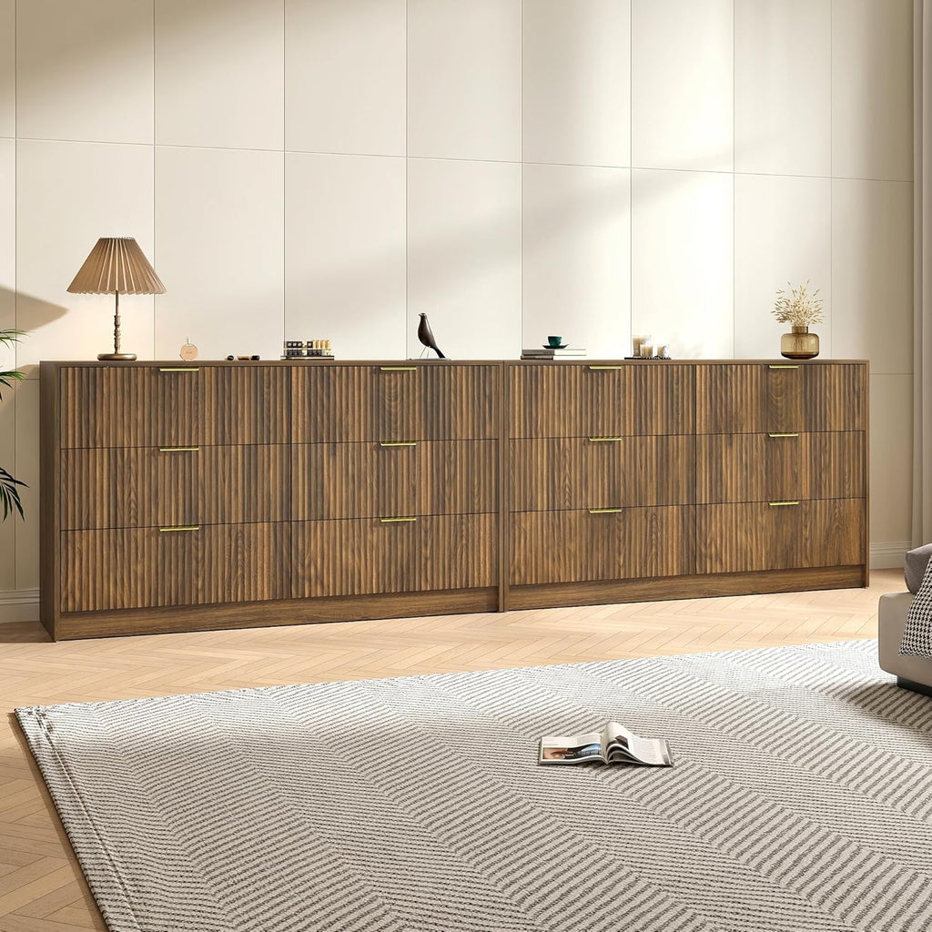 Walnut Dresser Set of 2, Long Dresser Wooden with 12 Drawers, Fluted Modern Bedroom Furniture Set, TV Stand Dressers