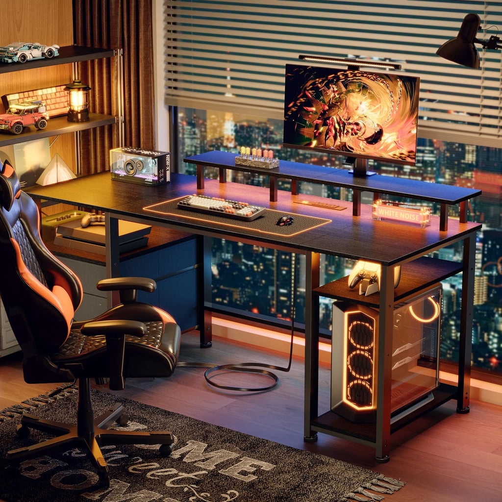 61" Gaming Desk with Outlets & LED, Large Computer Desk, Black | AC Outlets & USB, Ergonomic Monitor Stand, Drawer &