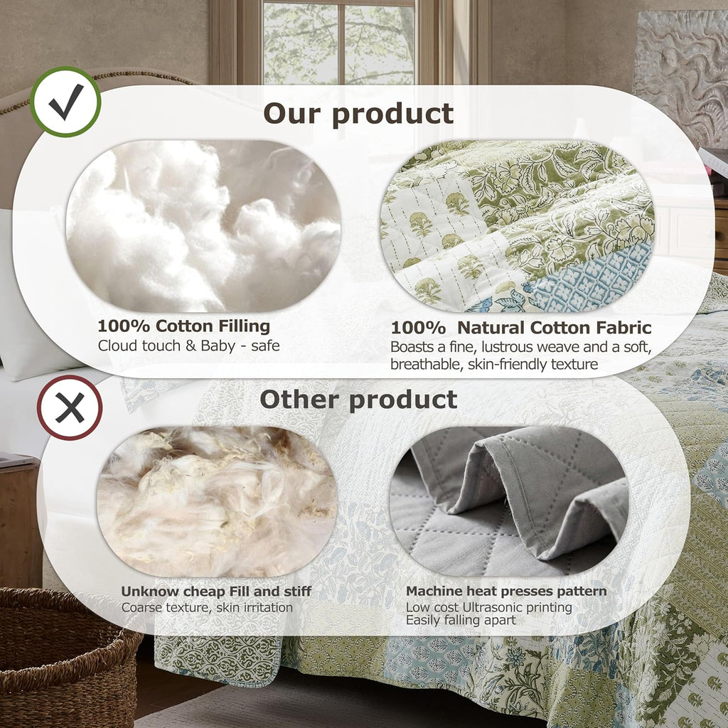 100% Cotton Reversible Patchwork Quilt Queen, Lightweight Farmhouse Vintage Shabby Chic Bedding Set with 2 Pillow