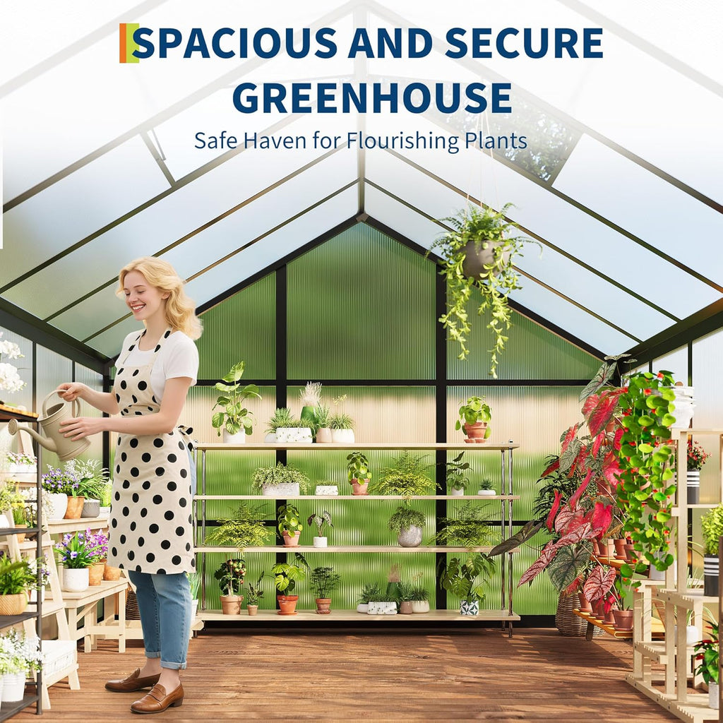 6X10 FT Polycarbonate Greenhouse Sunroom, Black | Outdoor Greenhouse for Vegetables Herbs Flowers, Lockable Door &