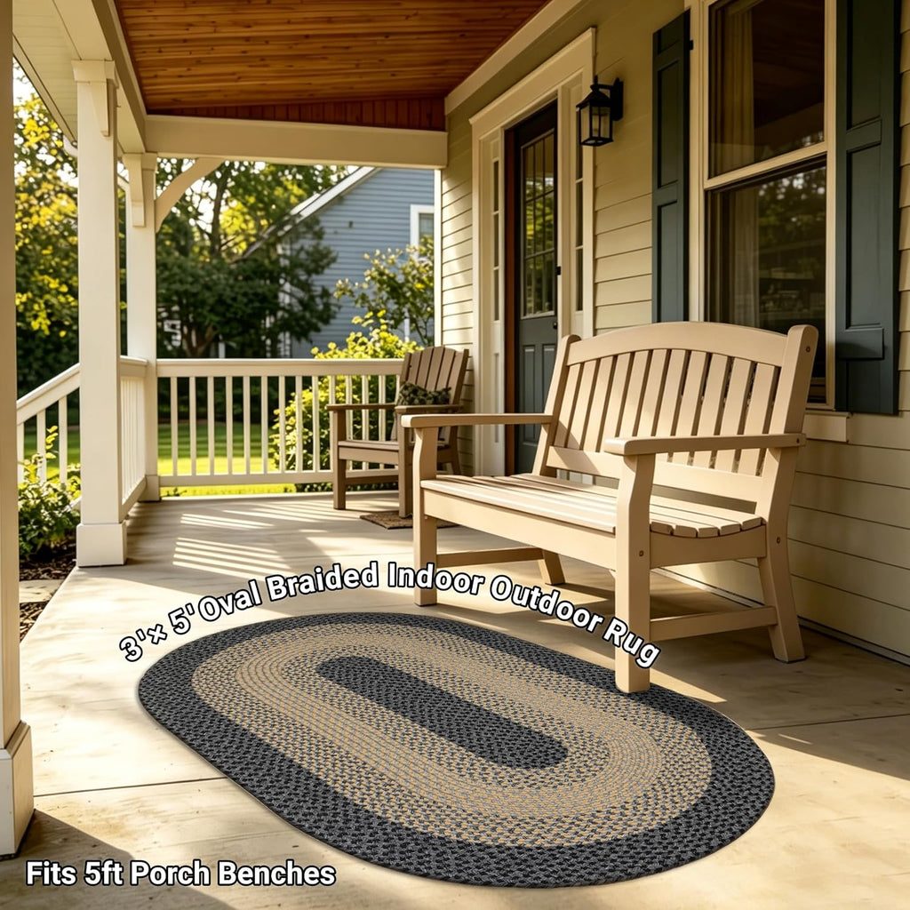 3x5 Oval Braided Area Rug, Brown Black Farmhouse Kitchen Mat | Anti-Slip PP Country Rope Rug, Entryway Porch Deck