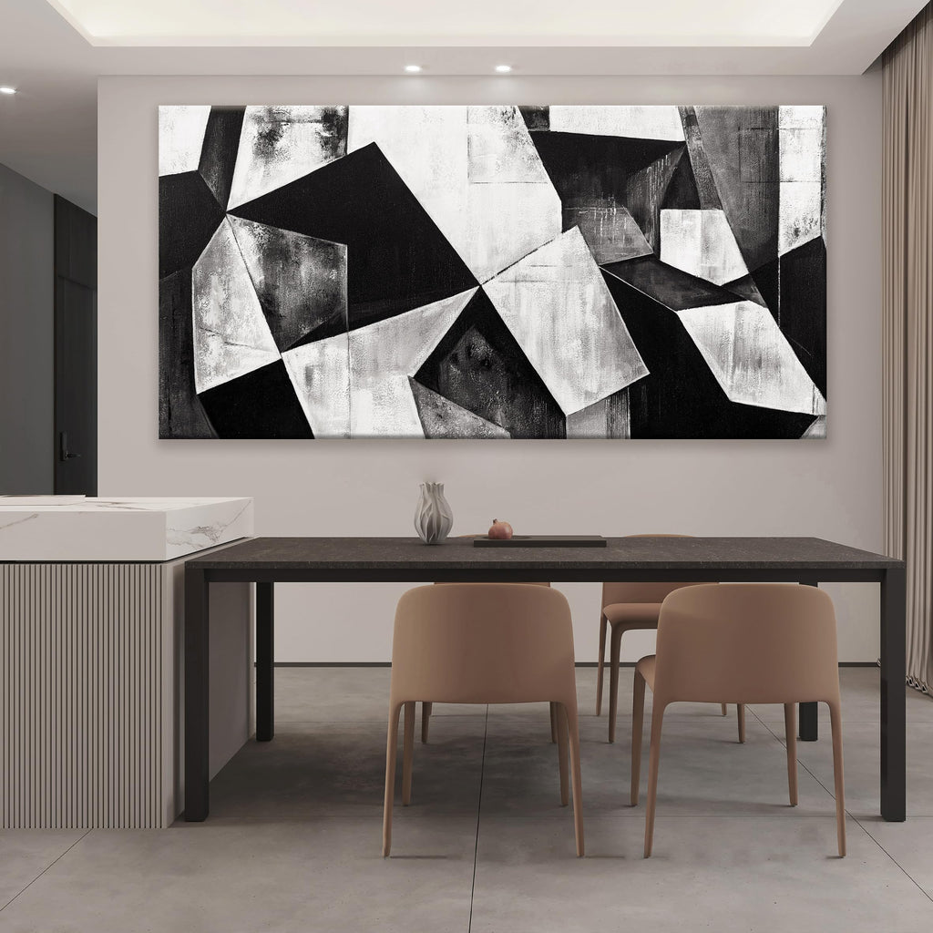 Large Abstract Wall Art Black And White Wall Art Geometric Color Block Line Painting Artwork Canvas Art Wall Decor