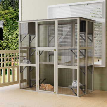 Gray Wooden Outdoor Catio Cat Enclosure with Weatherproof Asphalt Roof, Large Walk-in Cat House with 6 Platforms & 2