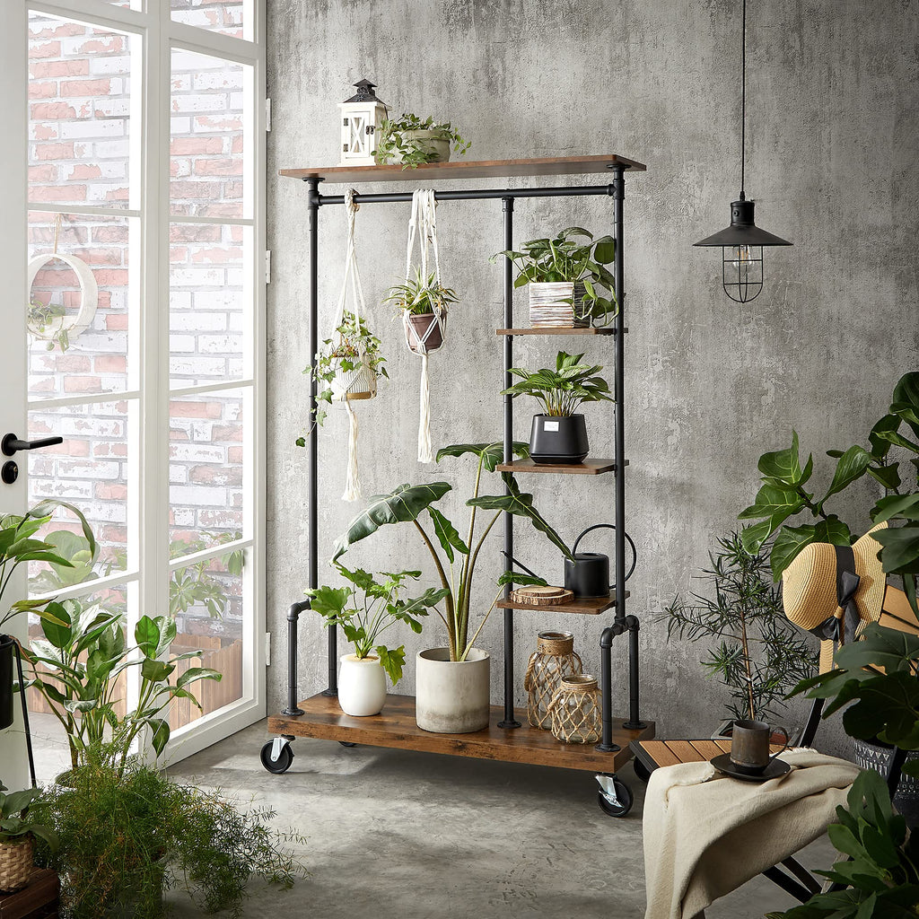 Clothes Rack, 5-Tier Garment Rack on Wheels, Industrial Pipe Style