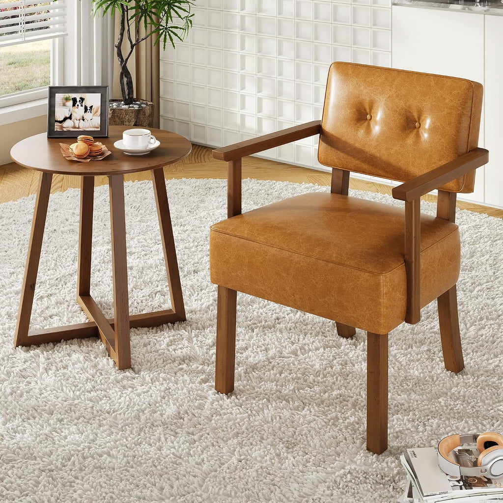Mid-Century Accent Chair with Wood Frame, PU Leather Upholstered Lounge Arm Chair with Classic Button - Set of 2