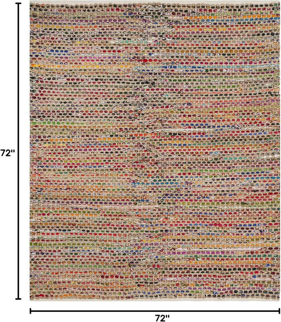 Cape Cod Collection Area Rug - 6' Square, Natural & Multi, Handmade Boho Braided Jute, Ideal for High Traffic Areas